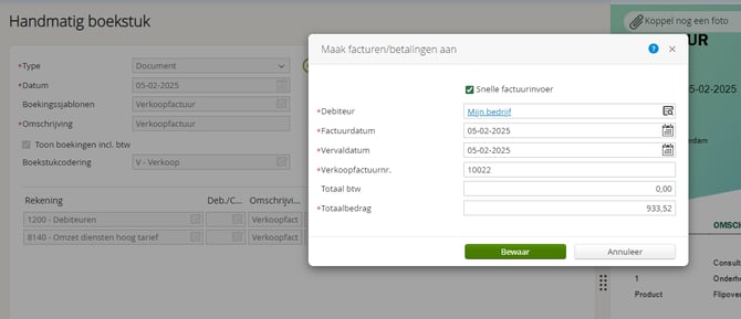Snelle verkoopfactuur popup venster