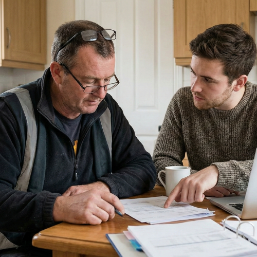 Techneut die met zijn boekhouder om de tafel zit
