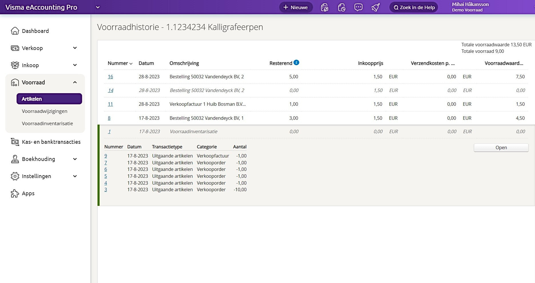 Voorraadhistorie - dashboard - visma - eaccounting